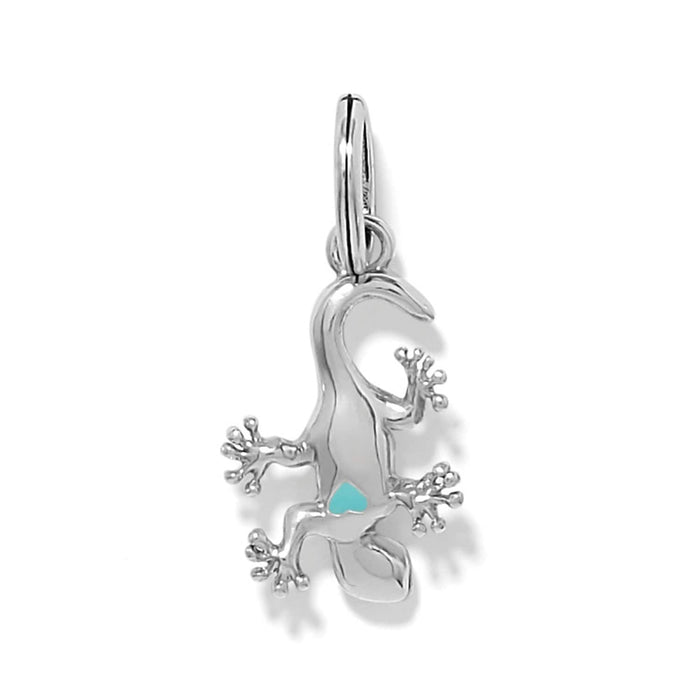 Brighton gecko charm with silver-plated finish and small turquoise heart accent on a white background