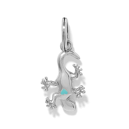 Brighton gecko charm with silver-plated finish and small turquoise heart accent on a white background