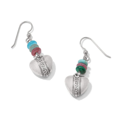 Brighton drop earrings with silver-plated hammered hearts and turquoise, fuchsia, and blue beaded accents on a white background