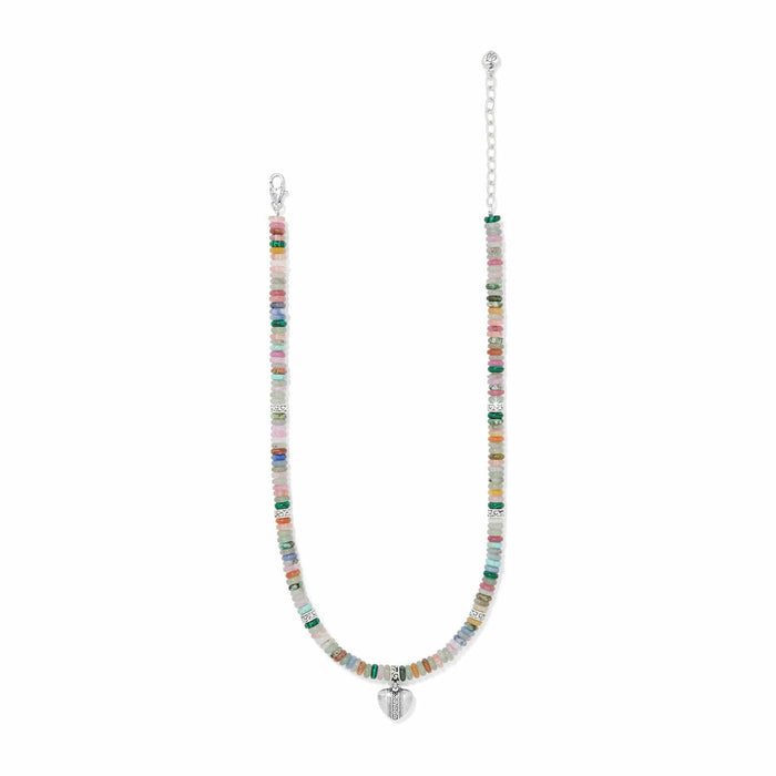 Brighton beaded necklace with multicolored gemstone beads, silver-plated heart pendant, and scroll accents on a white background