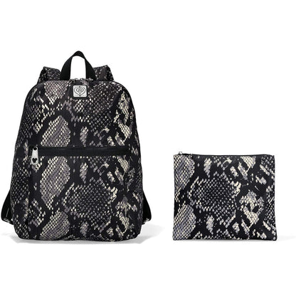 Brighton backpack with black and gray snakeskin print, front zip pocket, and matching pouch on a white background
