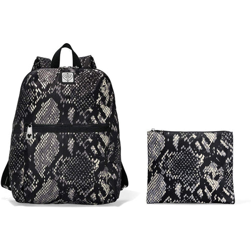 Brighton backpack with black and gray snakeskin print, front zip pocket, and matching pouch on a white background