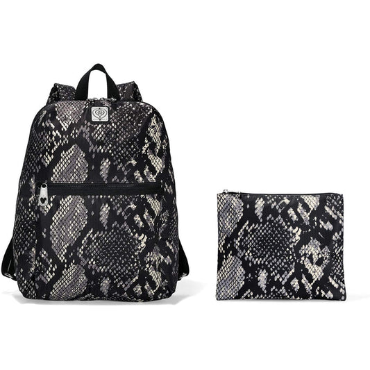 Brighton backpack with black and gray snakeskin print, front zip pocket, and matching pouch on a white background