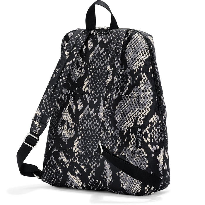 Brighton backpack shown from the back with black and cream snakeskin print and adjustable straps on a white background