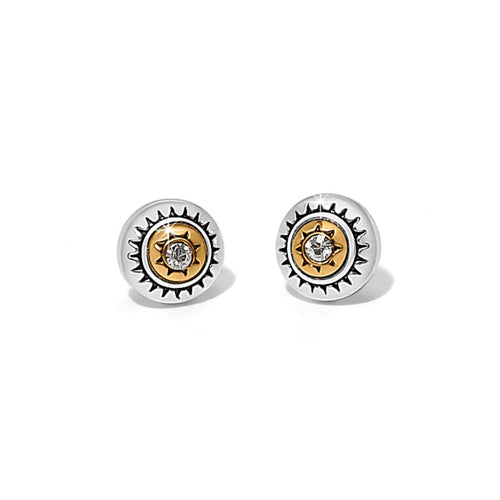 Brighton stud earrings with two-tone sunburst design and crystal centers on a white background