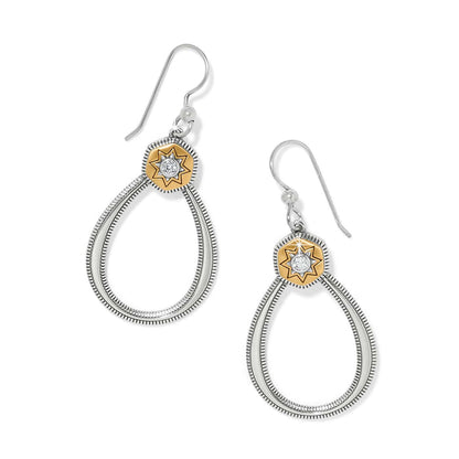 Brighton drop earrings with two-tone teardrop hoops and gold star medallions with crystal centers on a white background