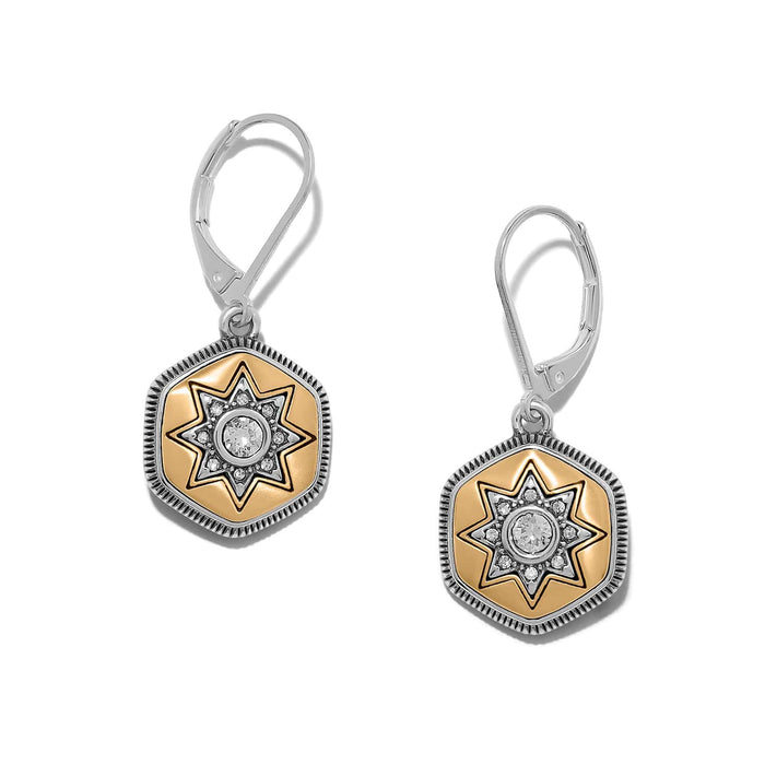 Brighton drop earrings with two-tone hexagonal star medallions and crystal accents on a white background