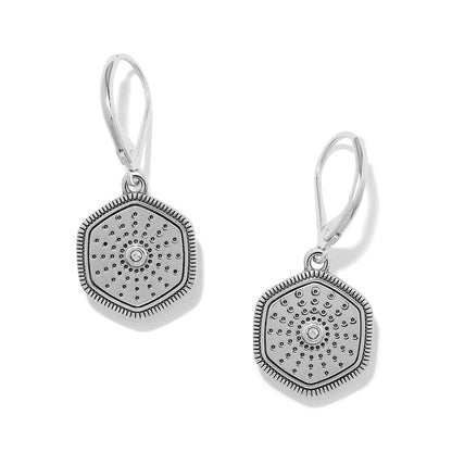 Brighton drop earrings with two-tone hexagonal medallions, dotted texture, and crystal centers on a white background