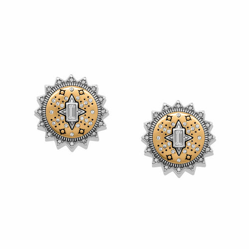 Brighton stud earrings with two-tone sunburst design, gold-tone center, and crystal accents on a white background