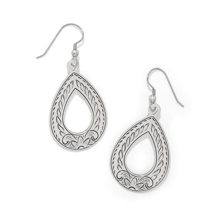 Brighton teardrop drop earrings with silver-plated finish, engraved rope and floral detailing on a white background