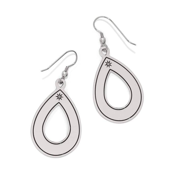 Brighton silver-plated teardrop drop earrings with open center, etched border lines, and small star detail on a white background