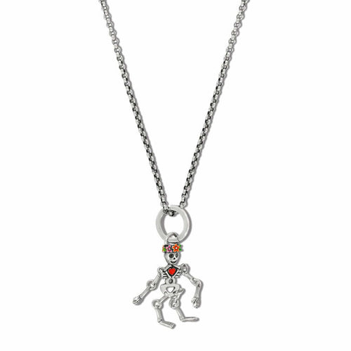 Brighton pendant necklace with silver-plated skeleton charm, enamel floral crown, and red heart accent on a white background
