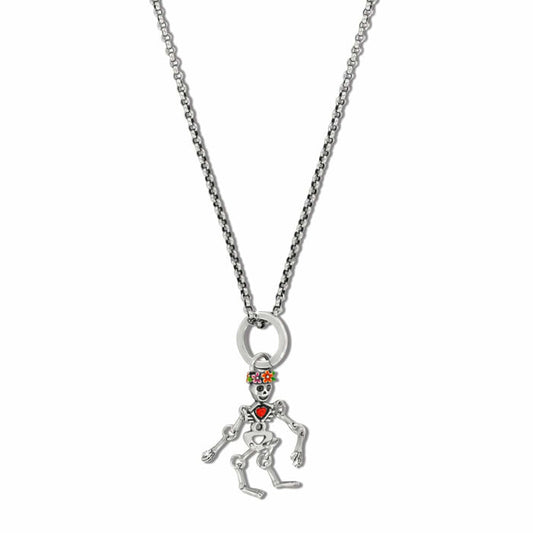 Brighton pendant necklace with silver-plated skeleton charm, enamel floral crown, and red heart accent on a white background