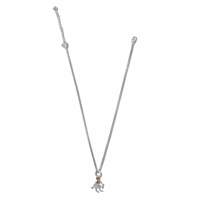 Brighton silver-plated charm necklace with enamel clown pendant and heart accent on chain on a white background