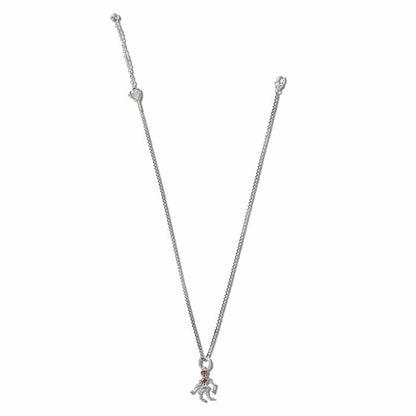 Brighton silver-plated charm necklace with enamel clown pendant and heart accent on chain on a white background