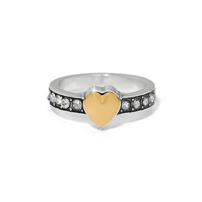 Brighton two-tone ring with gold heart center and crystal accents along the band on a white background