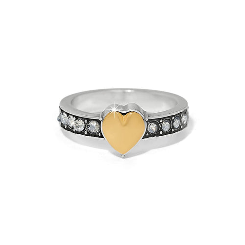 Brighton two-tone ring with gold heart center and crystal accents along the band on a white background