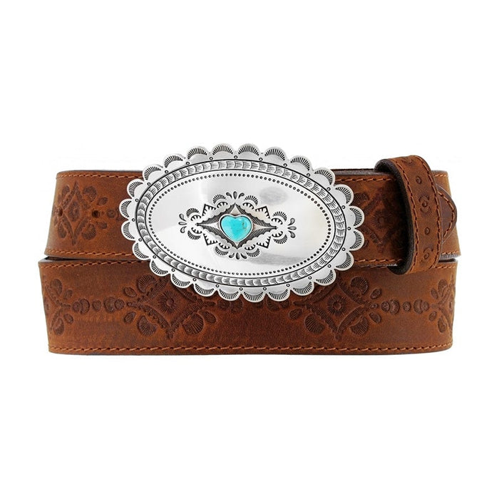 Brighton tooled brown leather belt with oval silver-tone concho buckle featuring turquoise heart stone on a white background