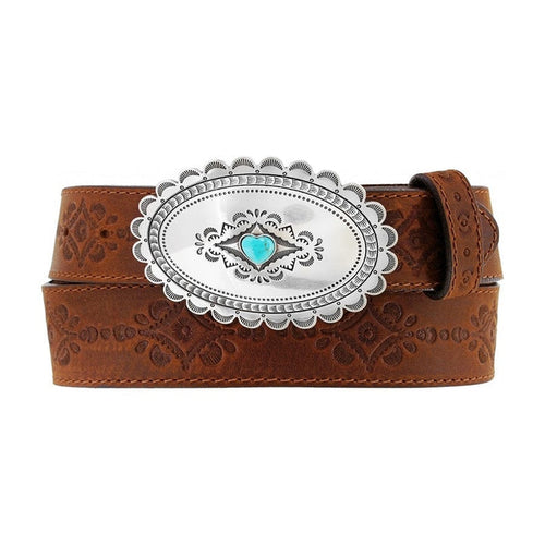 Brighton tooled brown leather belt with oval silver-tone concho buckle featuring turquoise heart stone on a white background