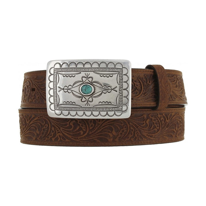 Brighton tooled brown leather belt with floral embossing and silver-tone rectangular buckle featuring turquoise stone on a white background