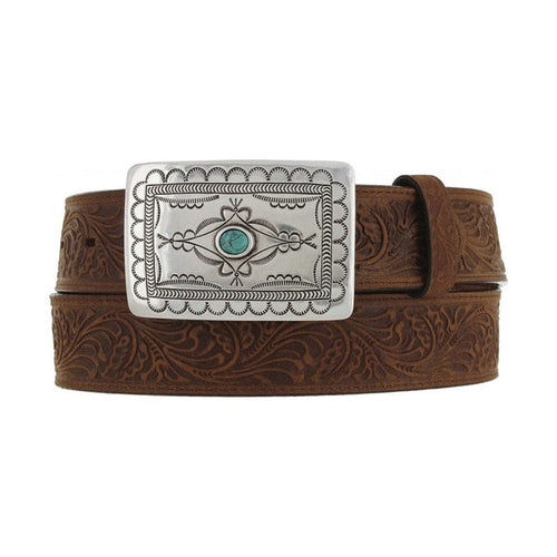 Brighton tooled brown leather belt with floral embossing and silver-tone rectangular buckle featuring turquoise stone on a white background
