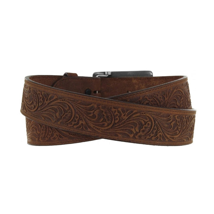 Brighton brown leather belt with tooled floral scroll embossing and dark metal buckle on a white background