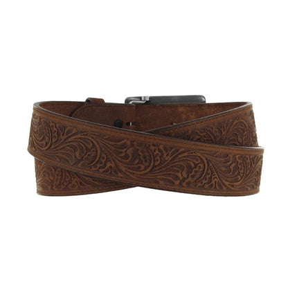 Brighton brown leather belt with tooled floral scroll embossing and dark metal buckle on a white background
