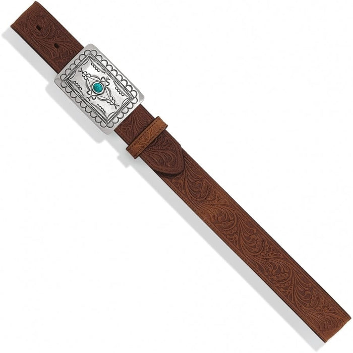 Brighton brown tooled leather belt with floral embossing and engraved silver-tone buckle featuring turquoise stone on a white background