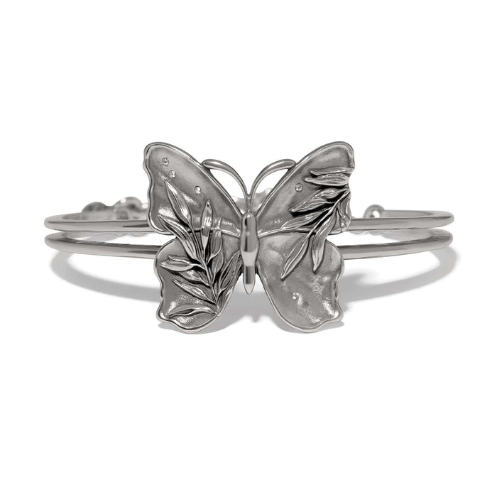 Brighton silver-plated cuff bracelet with butterfly centerpiece featuring leaf details and crystal accents on a white background