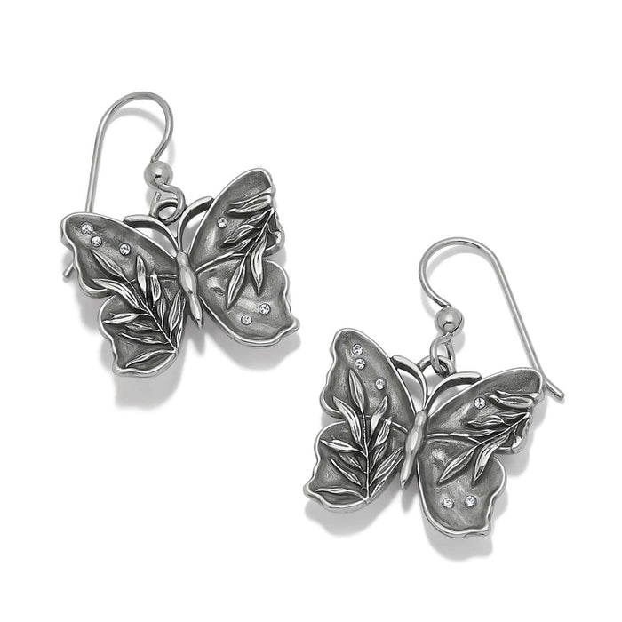 Brighton butterfly drop earrings with silver-plated leaf-detailed wings and crystal accents on a white background