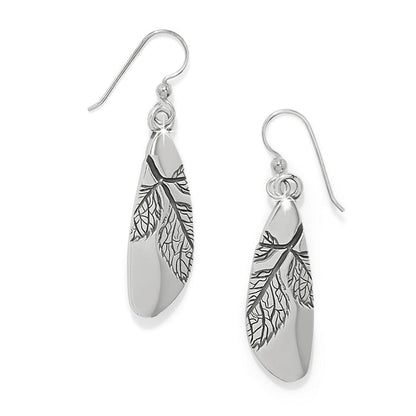Brighton drop earrings with silver-plated elongated leaf shapes featuring etched branch and vein details on a white background