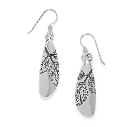 Brighton drop earrings with silver-plated elongated leaf shapes featuring etched branch and vein details on a white background