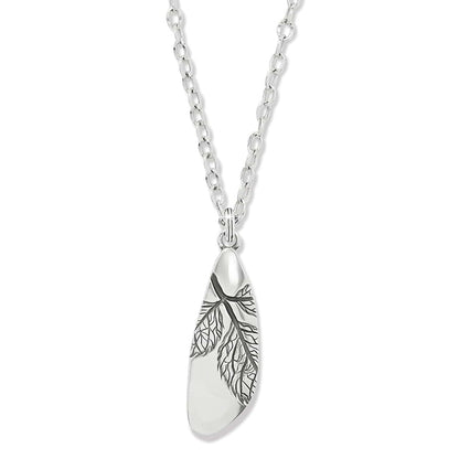 Brighton pendant necklace with silver-plated wing-shaped pendant featuring etched leaf vein detail on a white background
