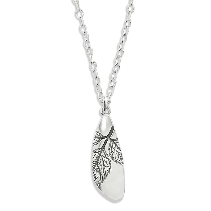 Brighton pendant necklace with silver-plated leaf-shaped pendant featuring etched branch detail and cable chain on a white background
