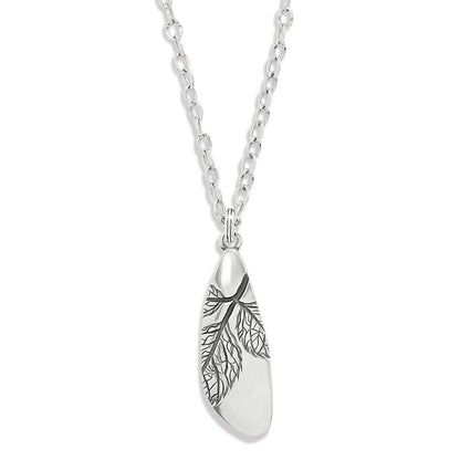 Brighton pendant necklace with silver-plated leaf-shaped pendant featuring etched branch detail and cable chain on a white background