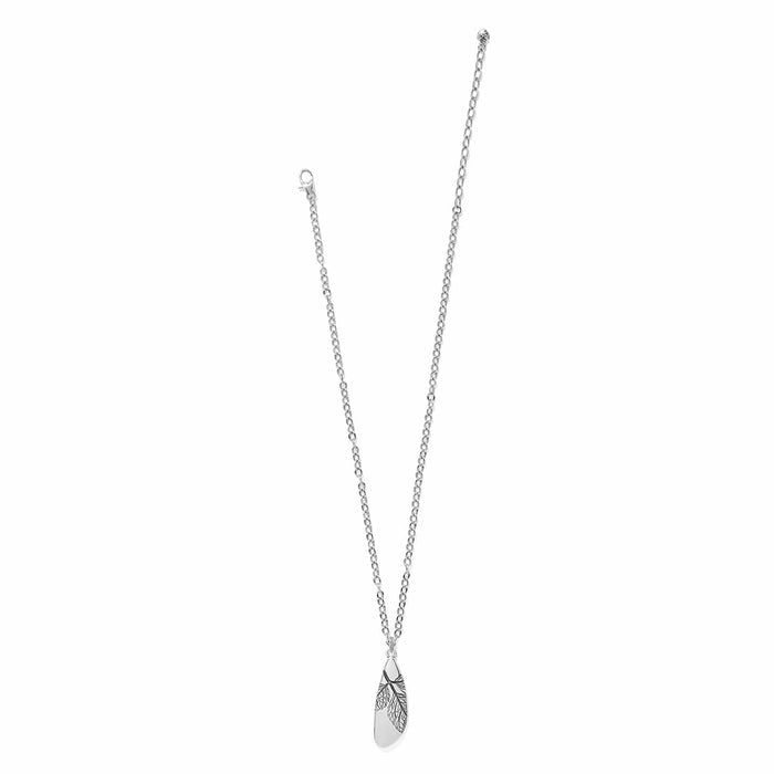 Brighton pendant necklace with silver-plated chain and engraved leaf-shaped drop pendant on a white background