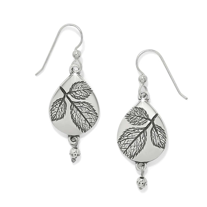 Brighton drop earrings with silver-plated teardrop shape, etched leaf design, and small bead accents on a white background