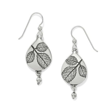 Brighton drop earrings with silver-plated teardrop shape, etched leaf design, and small bead accents on a white background