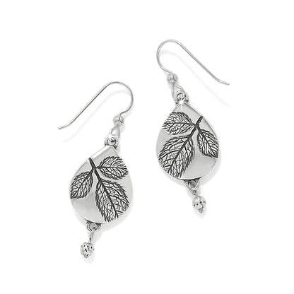 Brighton drop earrings with silver-plated leaf-engraved teardrop charms and small beaded accents on a white background
