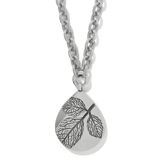 Brighton pendant necklace with silver-plated teardrop featuring engraved leaf design and chunky chain on a white background