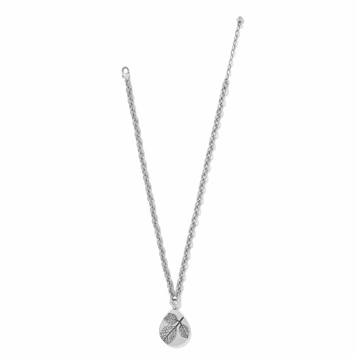 Brighton pendant necklace with silver-plated chain and teardrop pendant featuring engraved leaf design on a white background