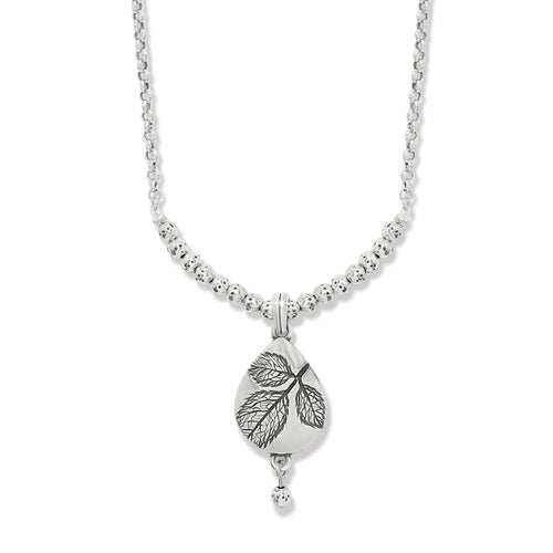 Brighton pendant necklace with silver-plated teardrop leaf design and beaded chain accent on a white background