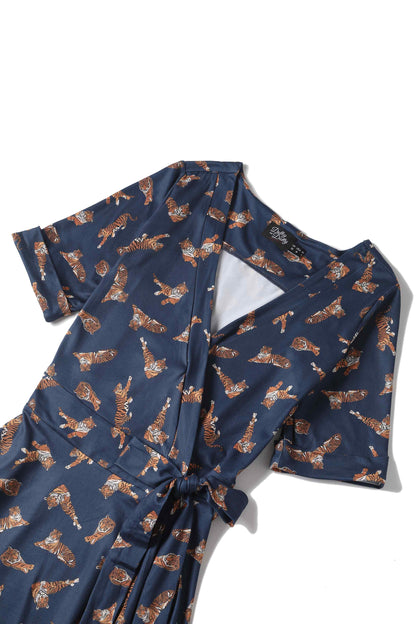Matilda Navy Blue Tiger Print Wrap Dress