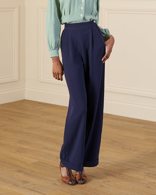 1940s Hepburn Pleated Trousers - Navy