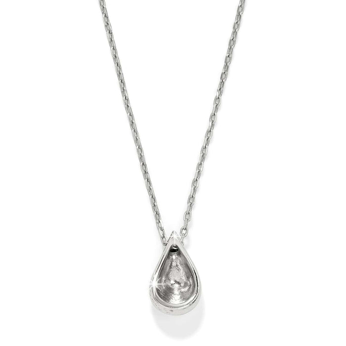 Brighton pendant necklace shown from the back with silver-plated teardrop pendant and delicate chain on a white background