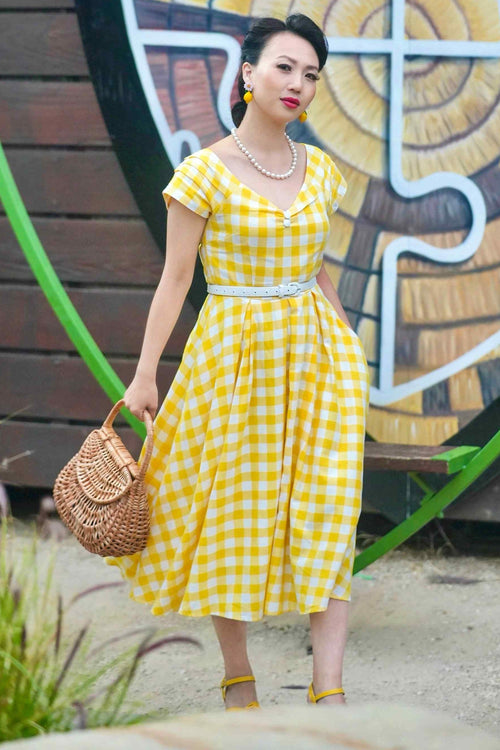 Lily Off Shoulder Yellow Gingham Dress