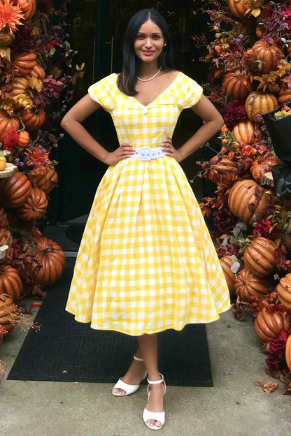 Lily Off Shoulder Yellow Gingham Dress