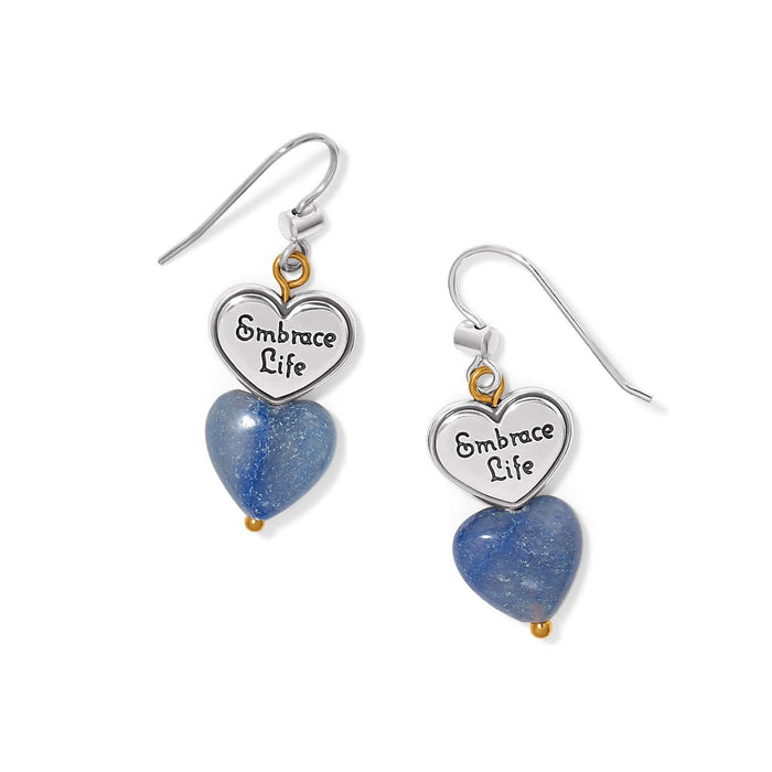 Brighton drop earrings with silver-tone Embrace Life heart charms and blue stone hearts on a white background