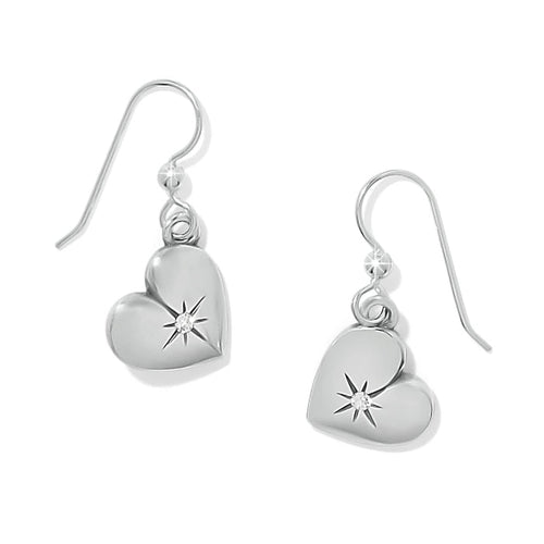 Brighton drop earrings with silver-plated heart charms and crystal star accents on a white background