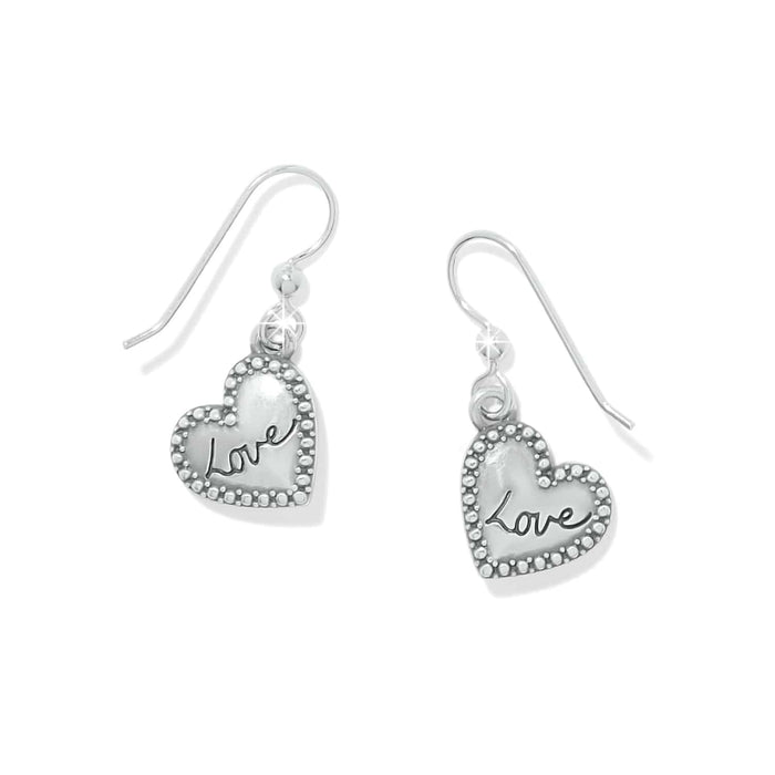Brighton drop earrings with silver-plated heart charms engraved with Love and beaded borders on a white background